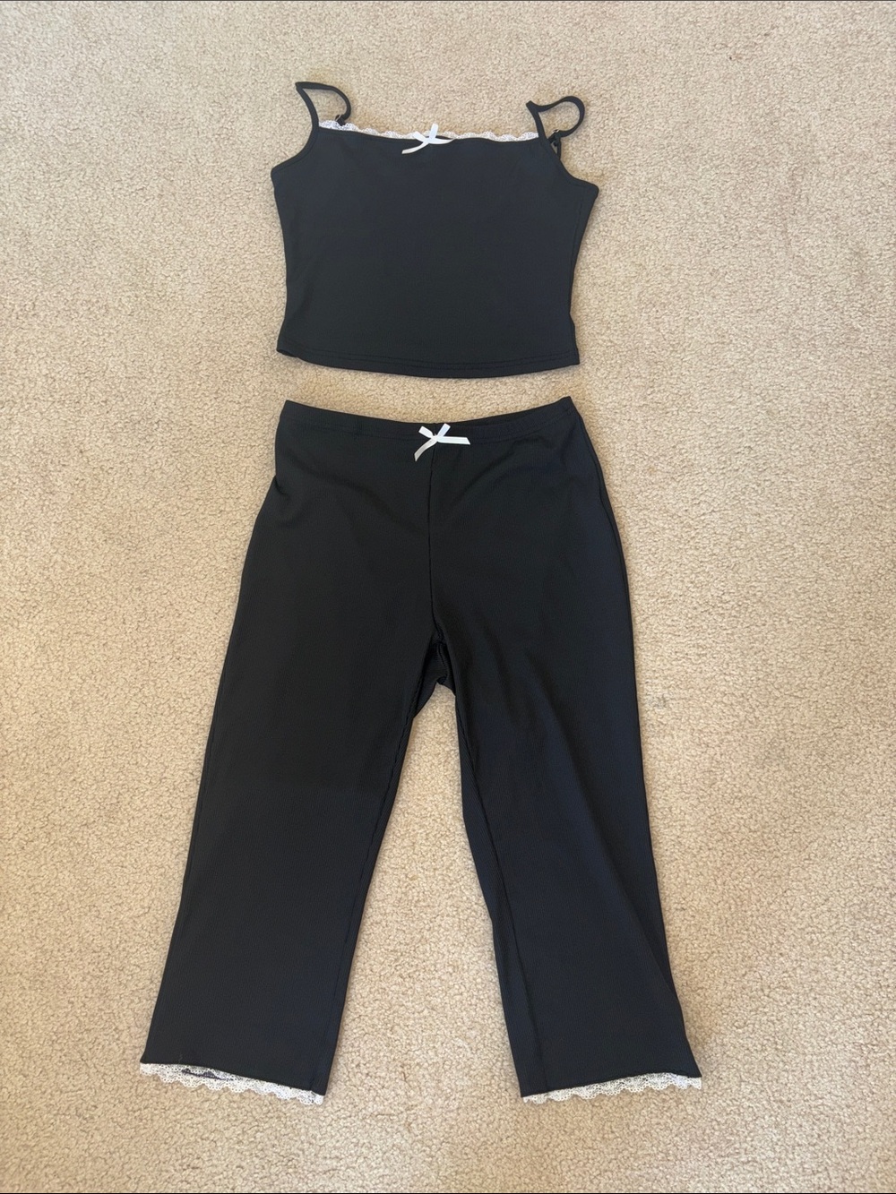 Women’s Black Lounge Crop Top & Capri Set with White Trim